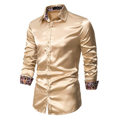 Men's Long Sleeve Satin Shirt Contrast Color Slim Formal Shirt