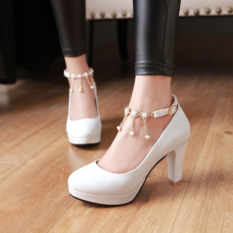 Women's Ankle Straps Pearl Chain Platform Chunky High Heels Shoes 6459