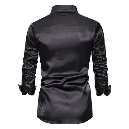 Men's Long Sleeve Satin Shirt Contrast Color Slim Formal Shirt