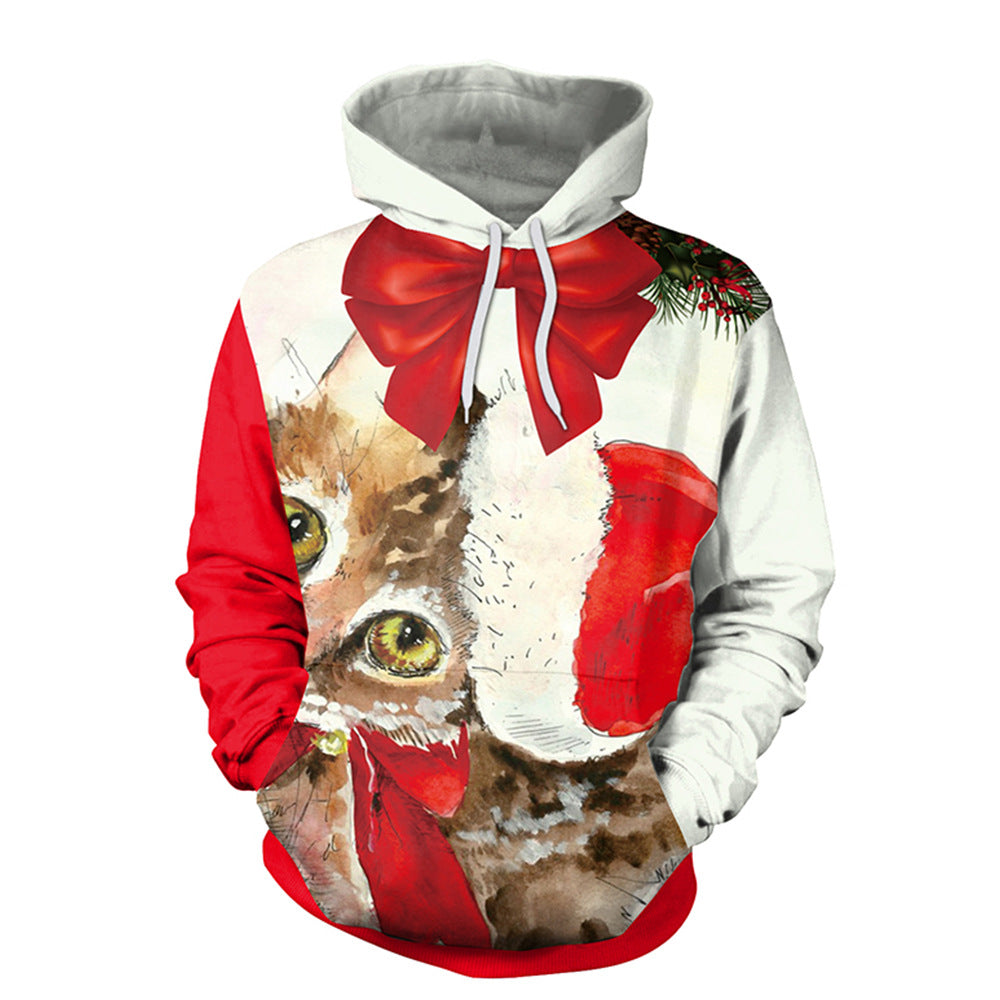 Christmas Cat Print Casual Pullover Hoodie