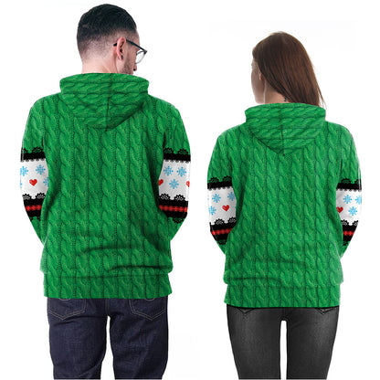 Christmas Couple Elk Print Hooded Long-sleeved Sweater