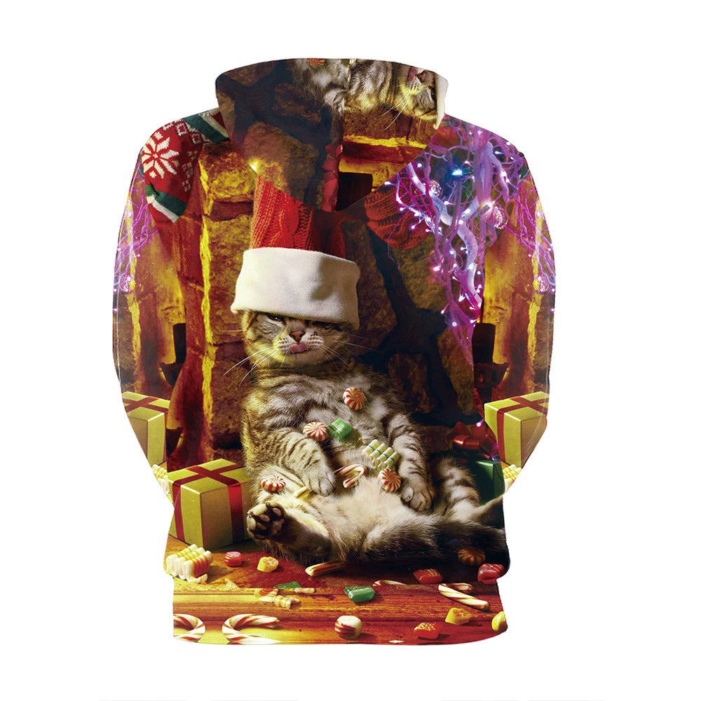 Couple Cat Christmas Hat Printed Casual Pullover Hooded Sweater