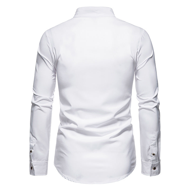 Men's Hollow Long-sleeved Solid Color Retro Slim-fit Formal Shirt