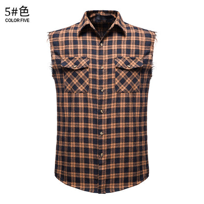 Men's Casual Flannel Grid Sleeveless Cotton Plus Size Vest Shirts