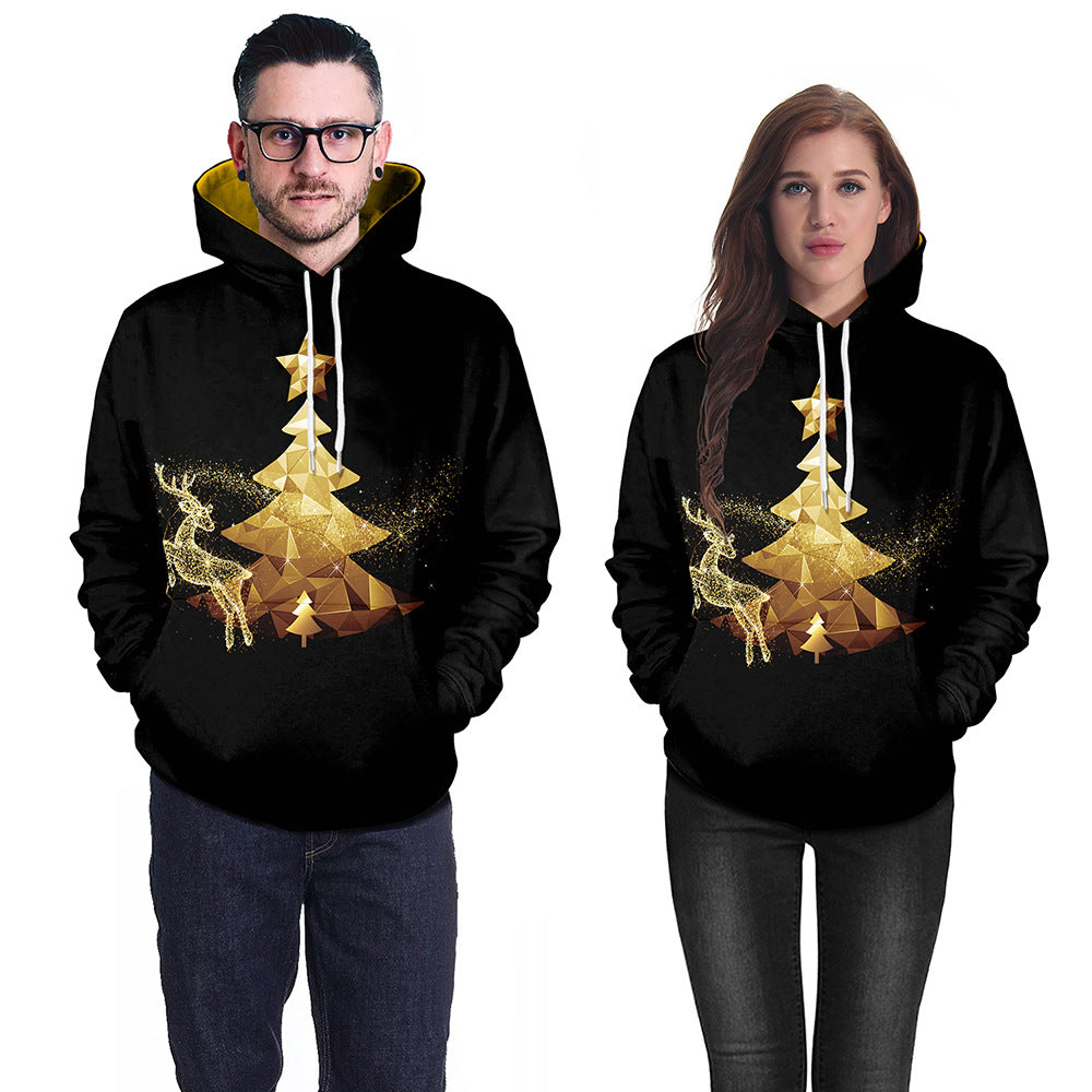 Couple Christmas Print Loose Hooded Sweatshirt