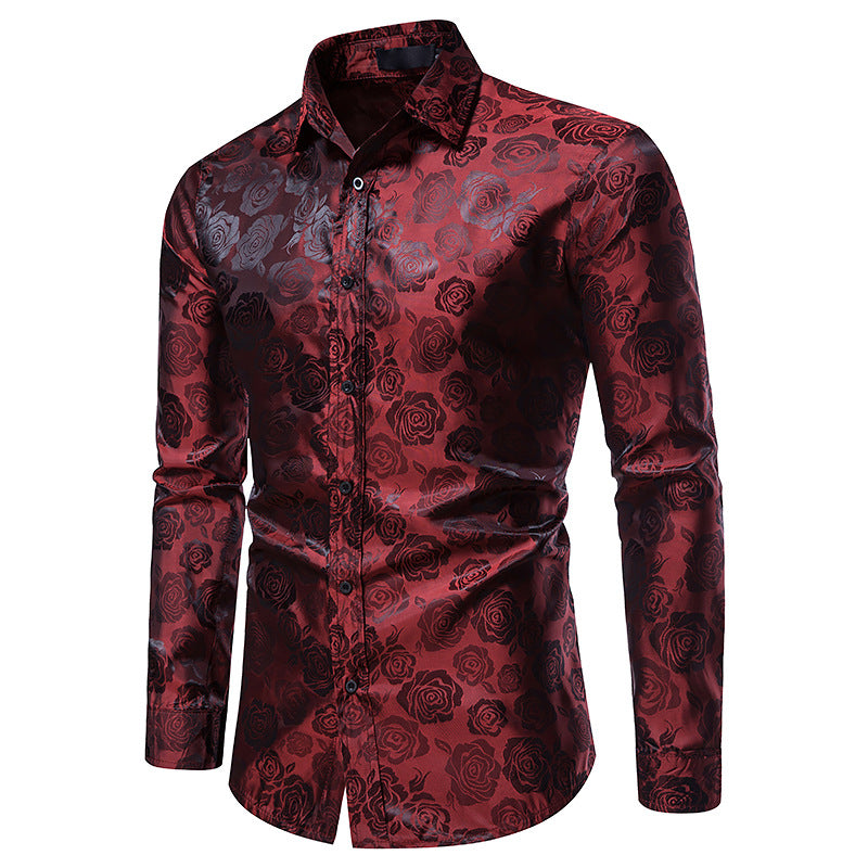 Men's Long Sleeve Rose Print Button Shirt Slim Fit Formal Shirt