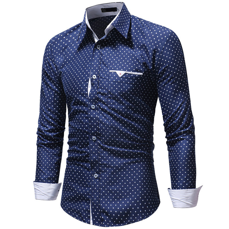 Casual Slim Fit Lattice Turn Down Collar Long Sleeve for Male 2263