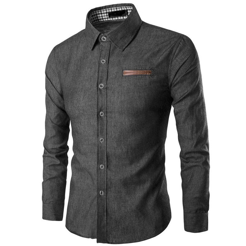 Stand Collar PU Leather Edging Chambray Shirt 6180 – meetfun