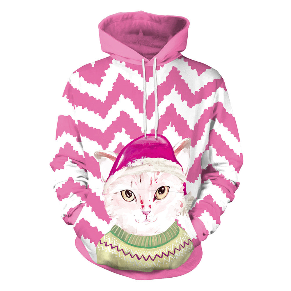 Cat Christmas Sweater Printed Casual Hedging Hooded Couple