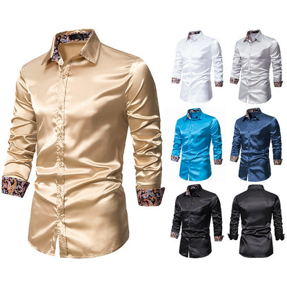 Men's Long Sleeve Satin Shirt Contrast Color Slim Formal Shirt