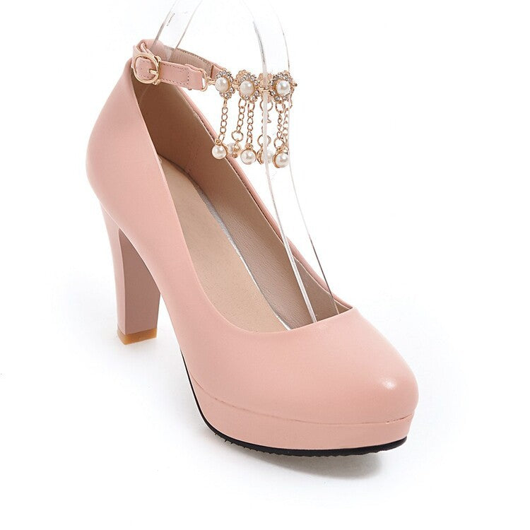 Women's Ankle Straps Pearl Chain Platform Chunky High Heels Shoes 6459