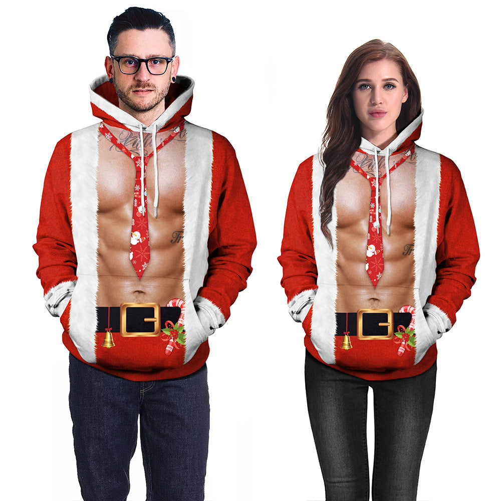 Christmas Simulation Muscle Print Casual Pullover Hooded Sweater