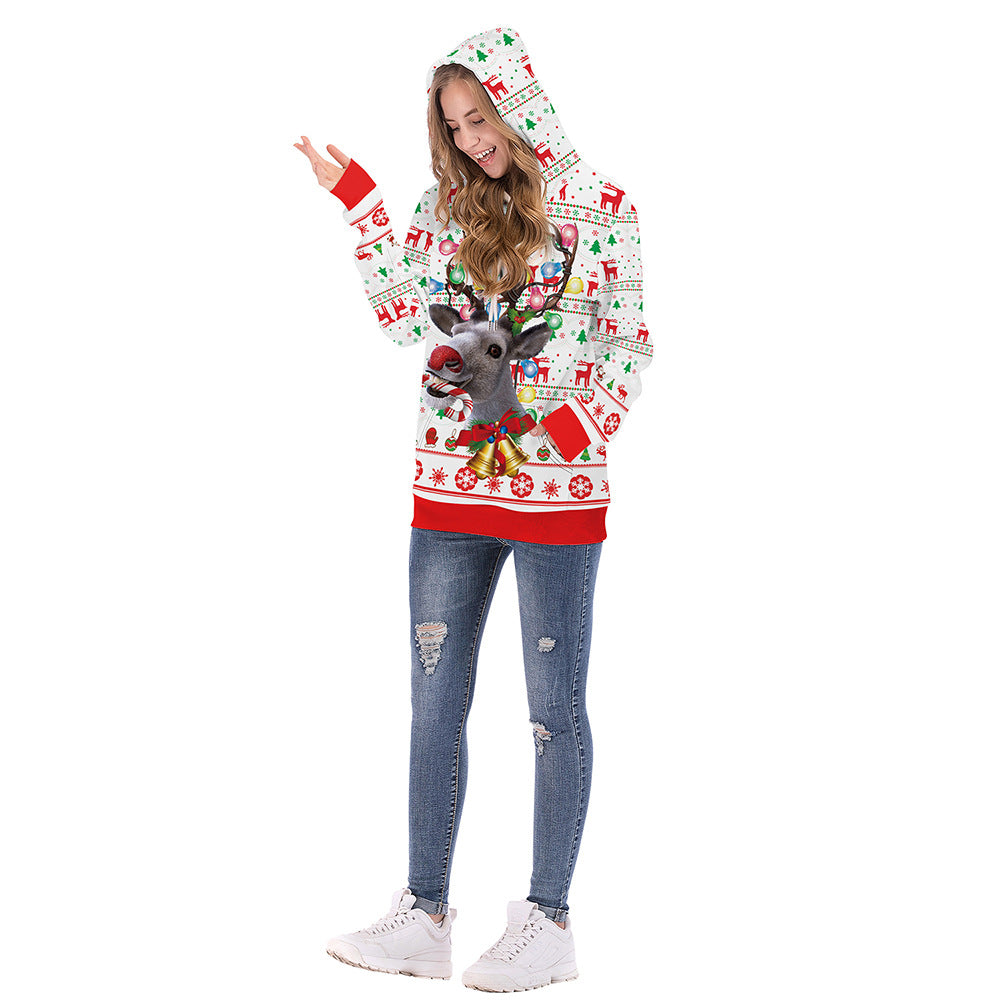 Christmas Couple Deer Print Casual Pullover Hooded Sweater