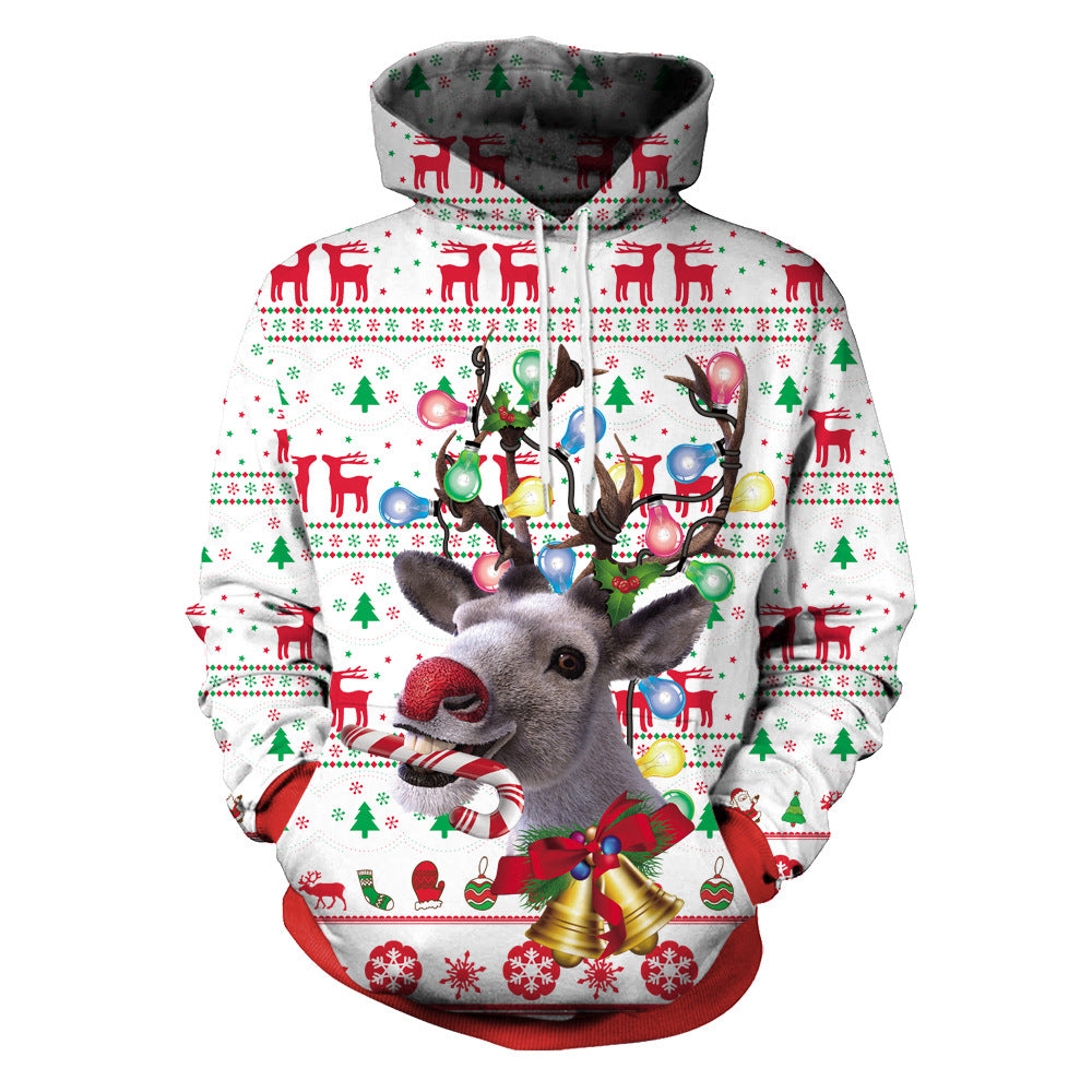 Christmas Couple Deer Print Casual Pullover Hooded Sweater