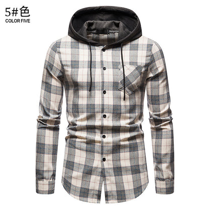 Men's Long Sleeve Hoodie Plaid Flannel Shirt