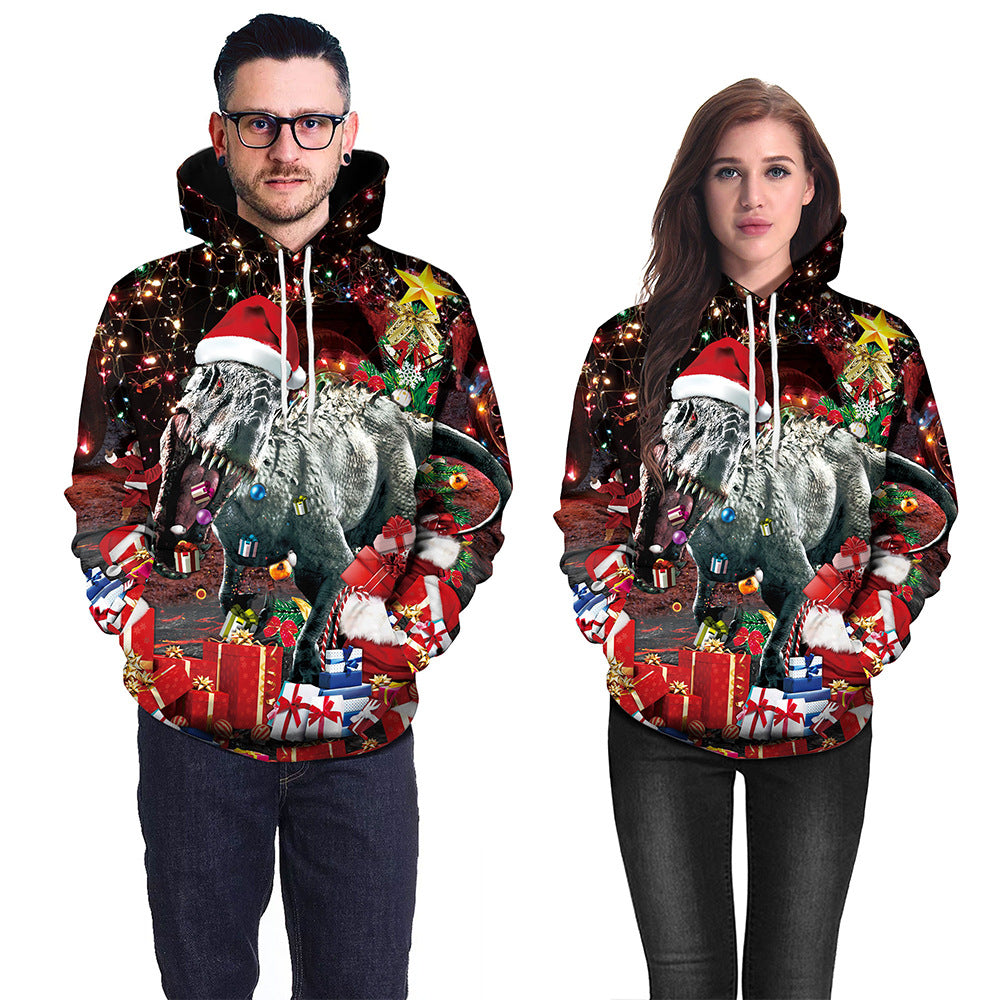 Couple Christmas Dinosaur Print Pullover Hooded Long-sleeved Casual Sweater