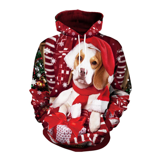 Christmas Couple Puppy Print Pullover Hoodie