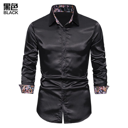 Men's Long Sleeve Satin Shirt Contrast Color Slim Formal Shirt