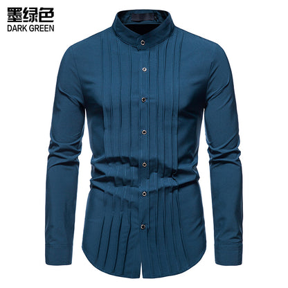 Men's Hollow Long-sleeved Solid Color Retro Slim-fit Formal Shirt