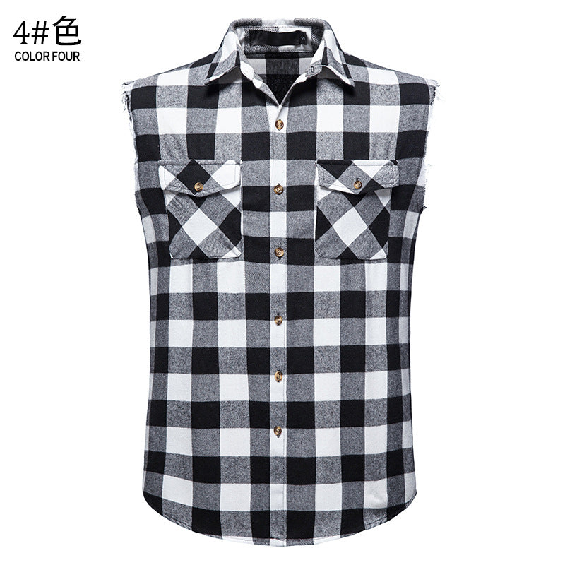 Men's Casual Flannel Grid Sleeveless Cotton Plus Size Vest Shirts