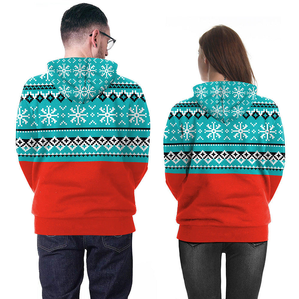 Christmas Couple Printed Loose Hooded Pullover Sweatshirt