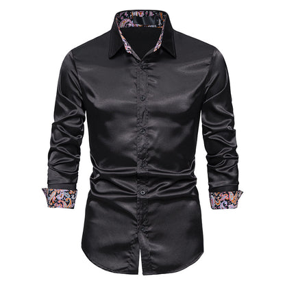 Men's Long Sleeve Satin Shirt Contrast Color Slim Formal Shirt