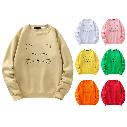 Round Neck Cat Printed Sweater Long Sleeved Sweatshirt