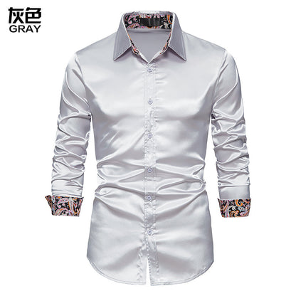 Men's Long Sleeve Satin Shirt Contrast Color Slim Formal Shirt