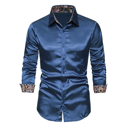 Men's Long Sleeve Satin Shirt Contrast Color Slim Formal Shirt