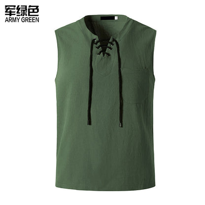 Men's Fashion Linen Hip-Hop V-Neck Sleeveless Yoga Tops T-shirt