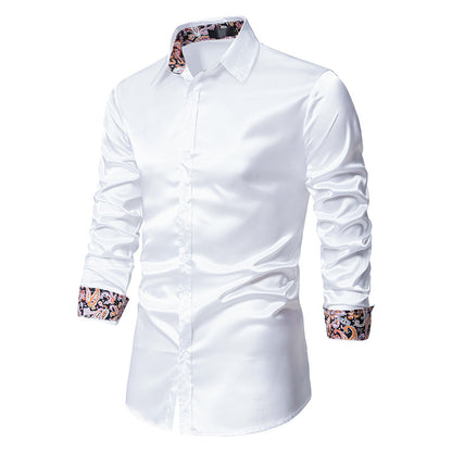 Men's Long Sleeve Satin Shirt Contrast Color Slim Formal Shirt