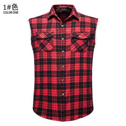 Men's Casual Flannel Grid Sleeveless Cotton Plus Size Vest Shirts