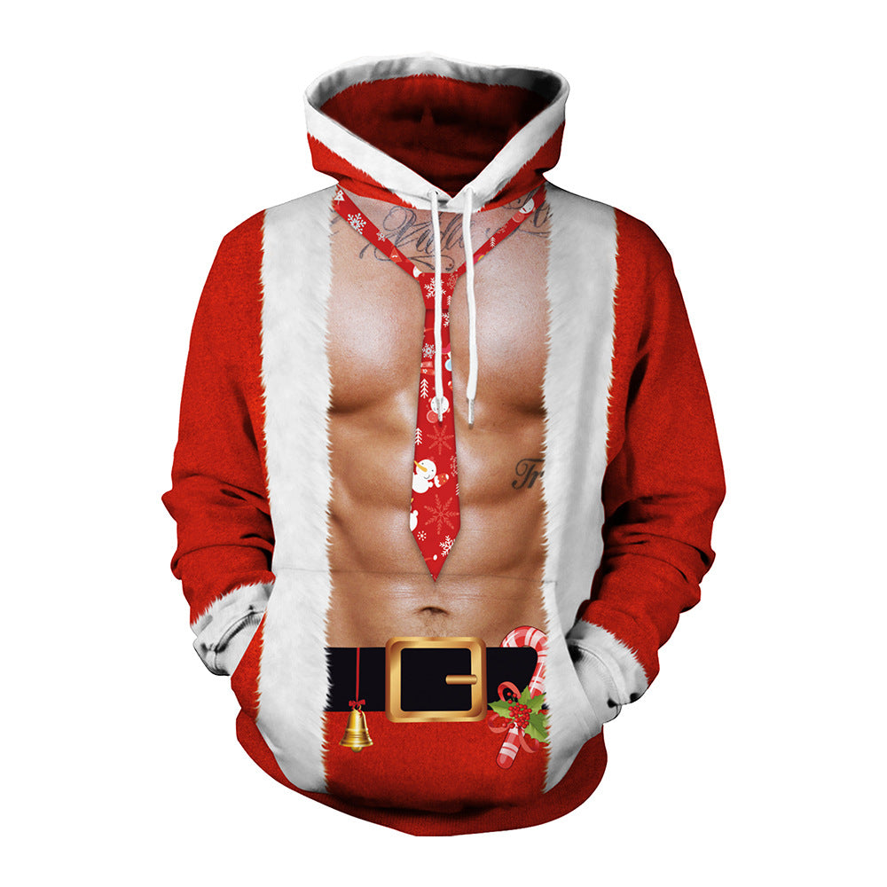 Christmas Simulation Muscle Print Casual Pullover Hooded Sweater