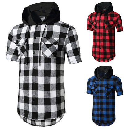 Men's Short Sleeves Hoodie Grid Flannel Shirts