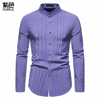 Men's Hollow Long-sleeved Solid Color Retro Slim-fit Formal Shirt