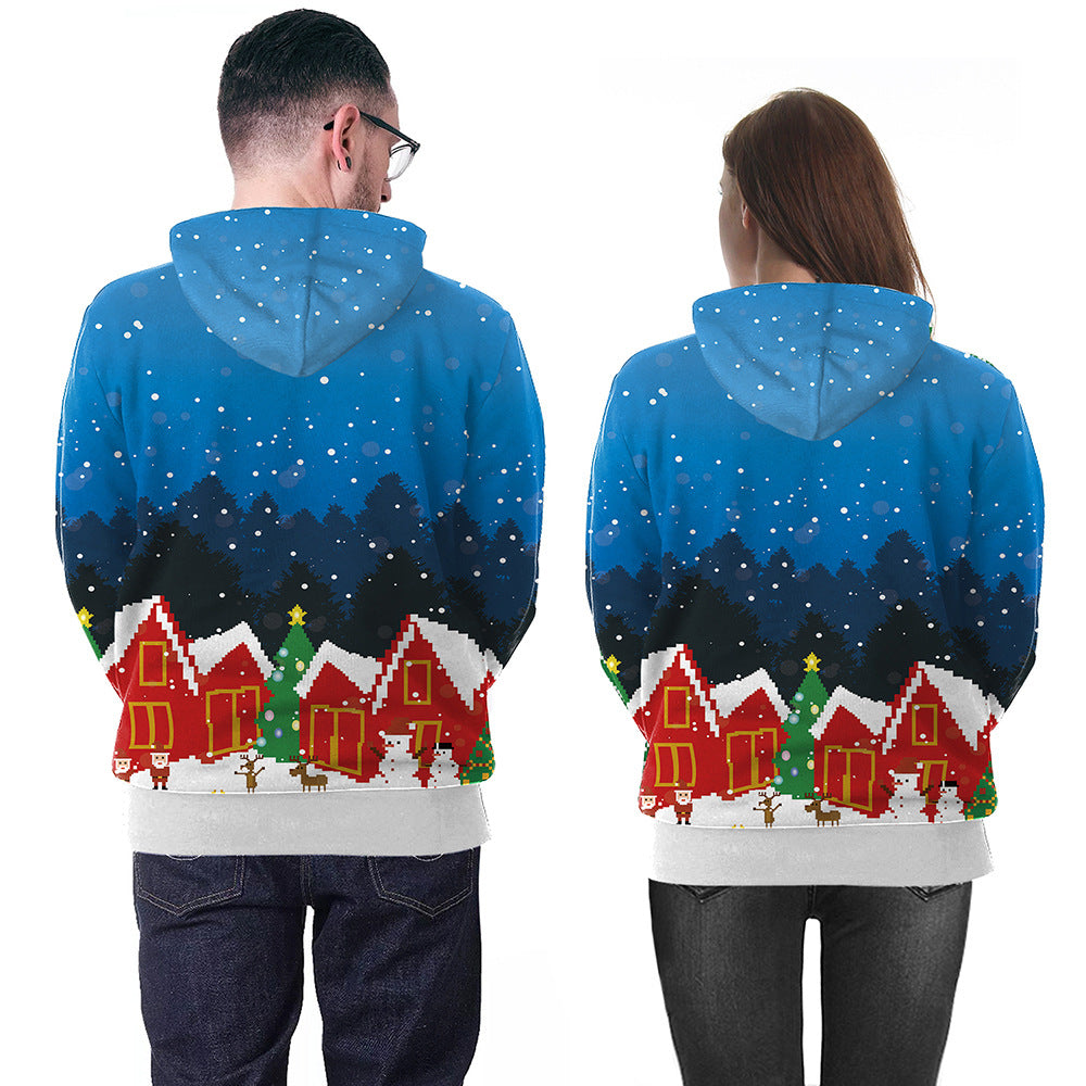 Couple Christmas Print Casual Pullover Hooded Sweater