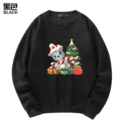 Men's Christmas Cat Print Crew Neck Sweatshirt