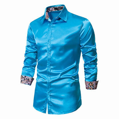 Men's Long Sleeve Satin Shirt Contrast Color Slim Formal Shirt