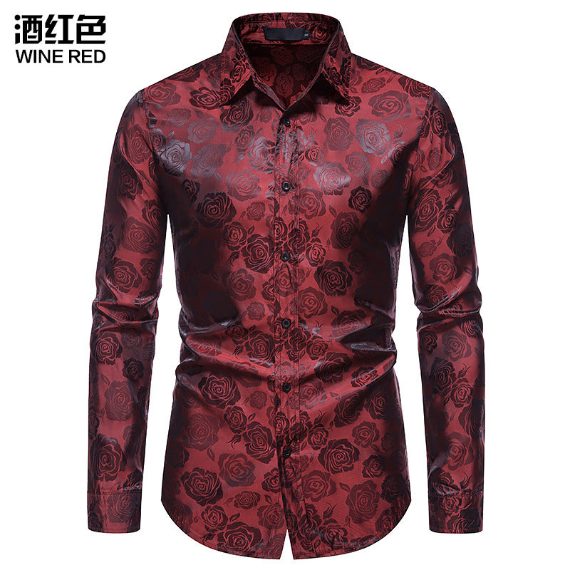 Men's Long Sleeve Rose Print Button Shirt Slim Fit Formal Shirt