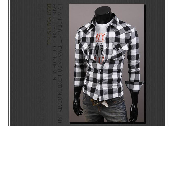 Men's Fashion Button Decor Cotton Plaid Casual Slim Fit Long Sleeves Shirts