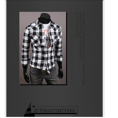 Men's Fashion Button Decor Cotton Plaid Casual Slim Fit Long Sleeves Shirts