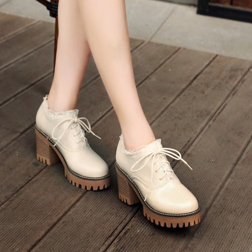 Women Lace Up Chunky High Heels Shoes