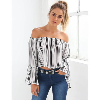 Off Shoulder Sexy Stripe Chiffon Fashion Bell Long Sleeves Women T Shirts