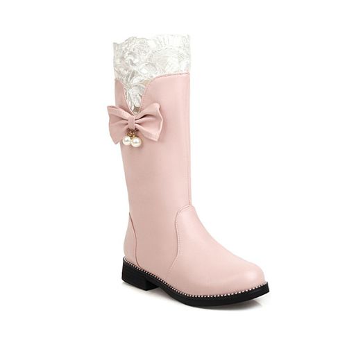Women Lace Bow Low Heels Mid Calf Boots