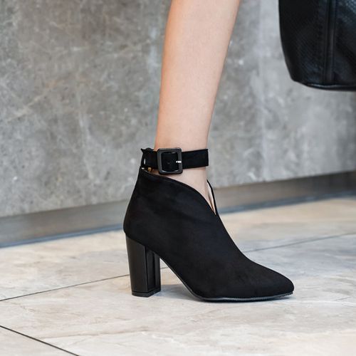 Pointed Toe Buckle Women's High Heeled Chunky Ankle Boots
