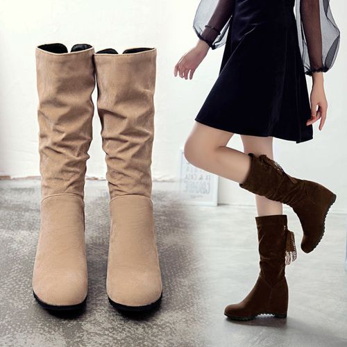 Women Lace Wedges Mid Calf Boots Winter Shoes