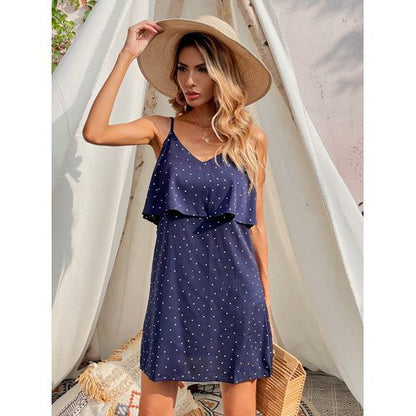 Sweet Dots Short V-neck Shoulder Lace-up Backless Women's Dresses