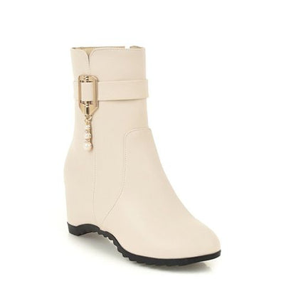 Women Buckle Pearl Wedges Heels Short Boots Winter Shoes