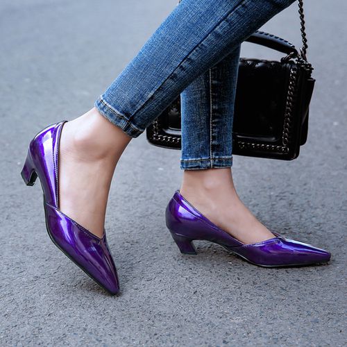 Women Patent Leather Low Heeled Chunky Heels Pumps
