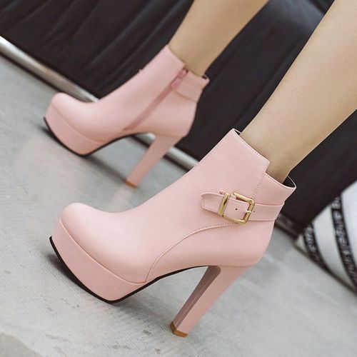 Women's Buckle Belt High Heels Platform Short Boots